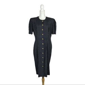 SL Fashions Vintage 80's 90's Black White Polkadot Midi Sheath Dress Rockabilly